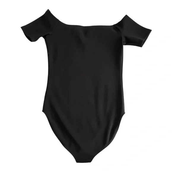 Express Black Ribbed Off-Shoulder Bodysuit - Picture 3 of 5